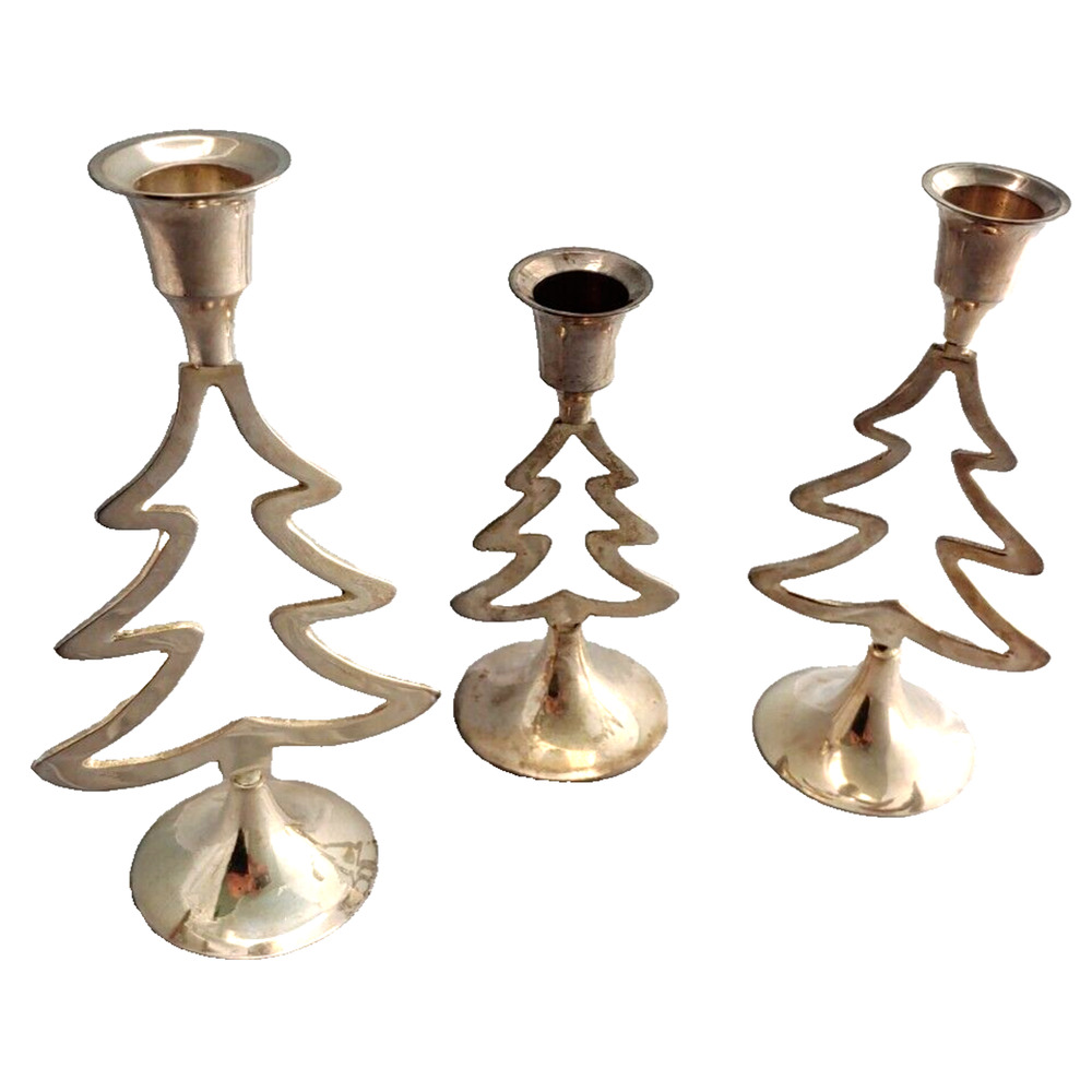 Christmas Tree Candlestick Taper Holiday Candle Holders Set-3 pc-Silver Plated